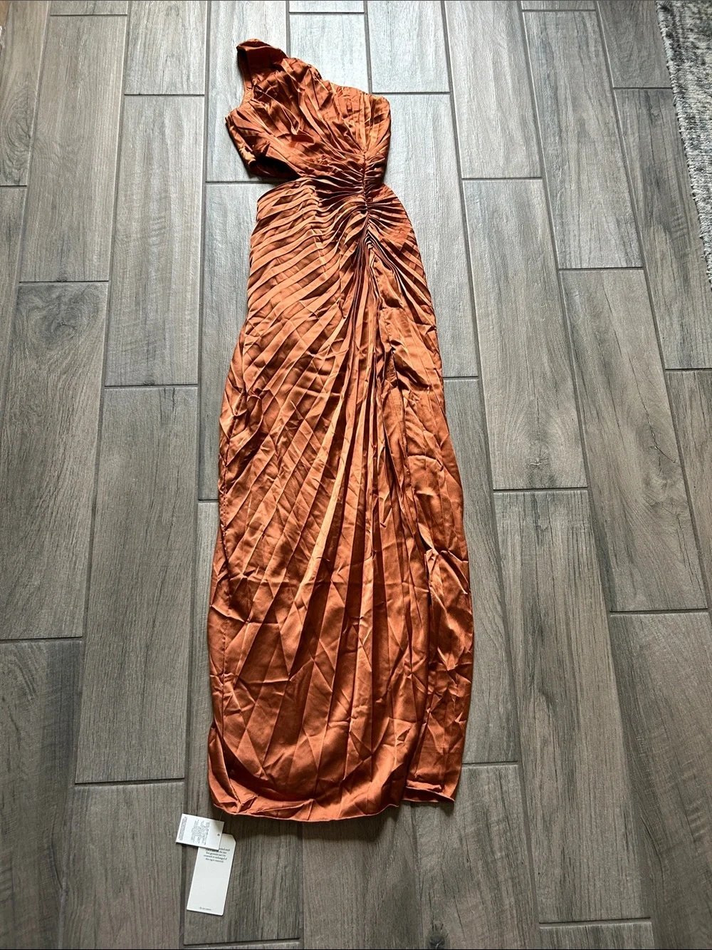 Abercrombie & Fitch Copper One-Shoulder Pleated Maxi Dress